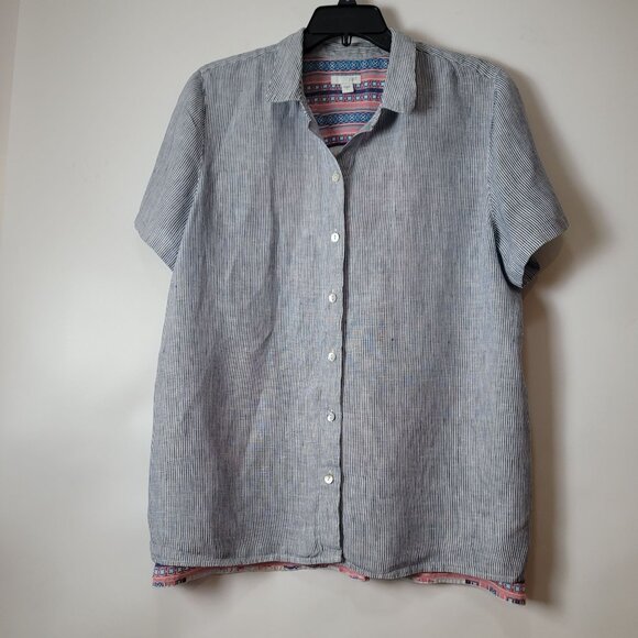 J.Jill Womens Striped Linen Blend Button-Up Short Sleeve Shirt With Floral & Geo - Picture 4 of 16